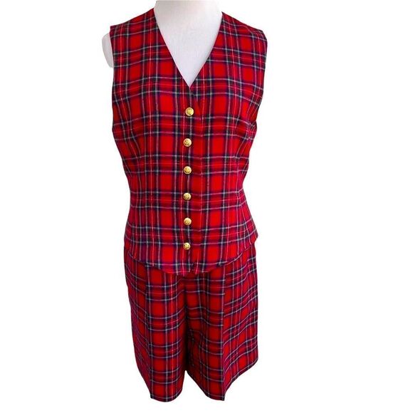 Vintage 80’s David Brooks Red Plaid Two Piece Shorts & Vest Set 8 - Picture 1 of 11